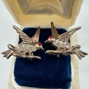 1940s gold plated swallows birds clear red rhinestones screw back earrings